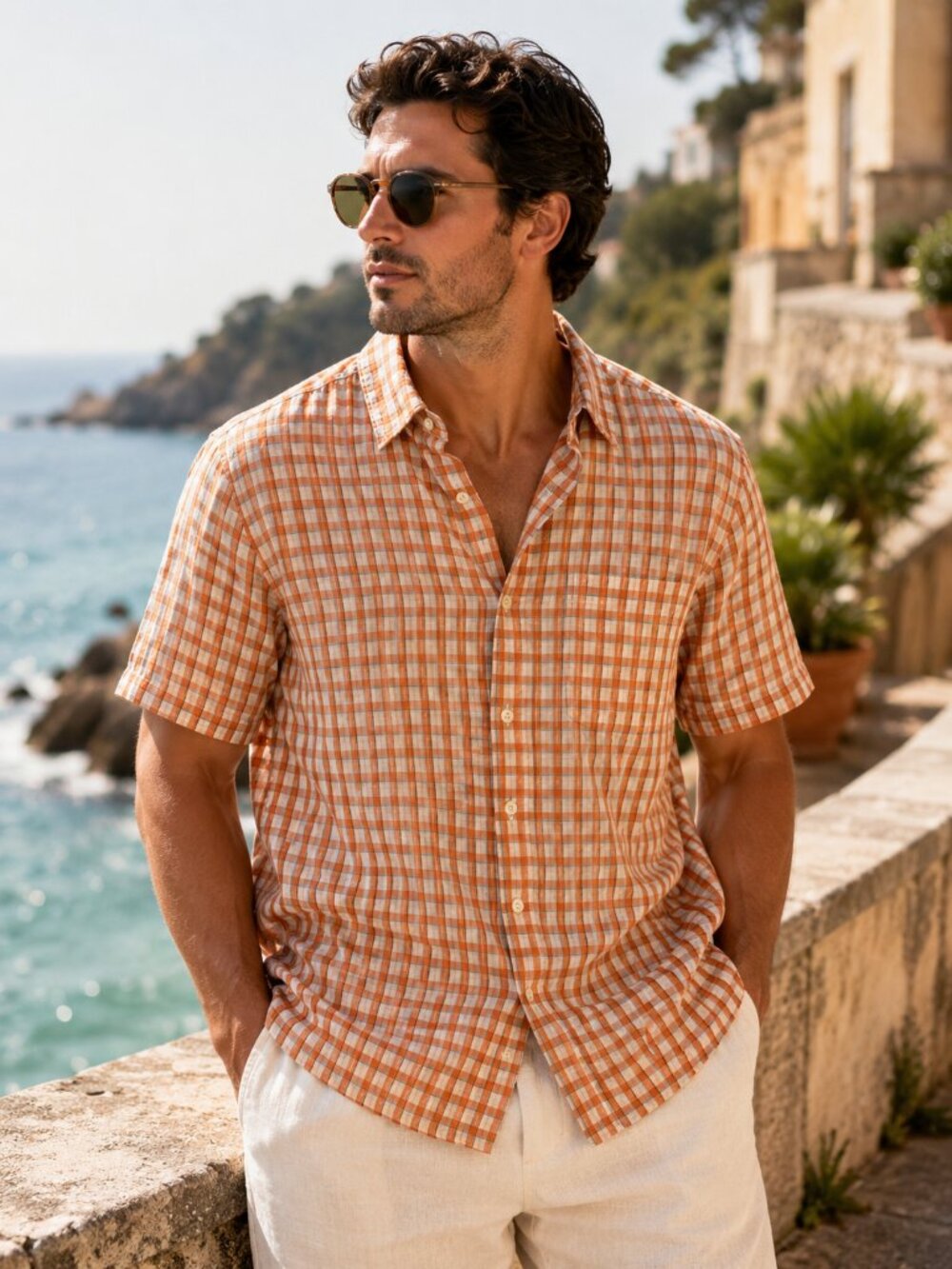 Alex Cannon 100 Linen Plaid Short Sleeve Button Up Shirt Medium